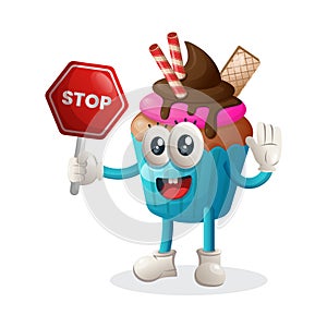 Cute cupcake mascot holding stop sign, street sign, road sign
