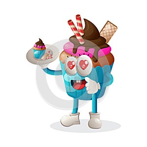 Cute cupcake mascot serving desserts, waiters
