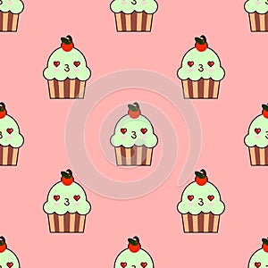 Cute cupcake seamless pattern with kawaii faces. Smiley cup cakes with charry topping. Flat design