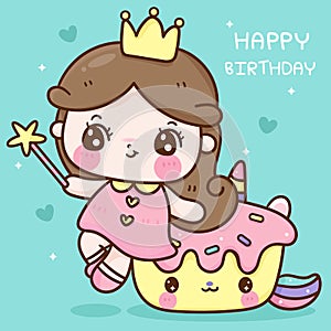 Cute cupcake unicorn cartoon and little princess holding magic wand for birthday party kawaii vector animal horn horse fairytale i