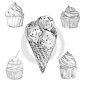 Cute cupcakes set isolated on White background. Vector illustration