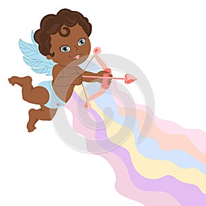 Cute cupid angel with a bow and arrow on a rainbow background. Print, Valentine\'s Day background