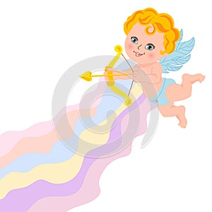 Cute cupid angel with a bow and arrow on a rainbow background. Print, Valentine\'s Day background