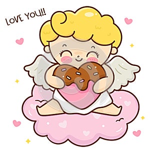Cute cupid cartoon Valentine angel hug chocolate heart.