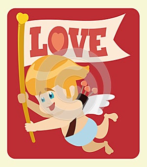 Cute Cupid Flying with Love Message Flag, Vector Illustration