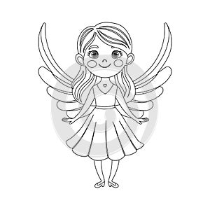 Cute cupid girl with bow and arrow, angel girl, cherub princess. Linear drawing for coloring book, sketch.