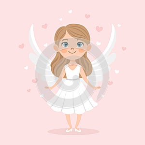 Cute cupid girl with bow and arrow, angel girl, cherub. Valentine\'s Day card. Vector illustration in cartoon style