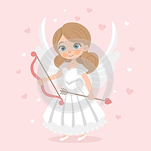 Cute cupid girl with bow and arrow, angel girl, cherub. Valentine\'s Day card. Vector illustration in cartoon style