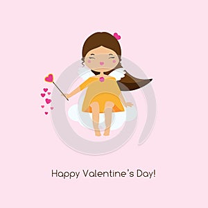 Cute Cupid girl sitting on cloud and spreading love hearts. St Valentines day background