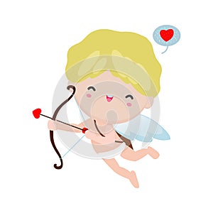 Cute cupid holding a wooden bow character in Happy Valentines Day ,Love holidays Flat cartoon style vector illustration on white