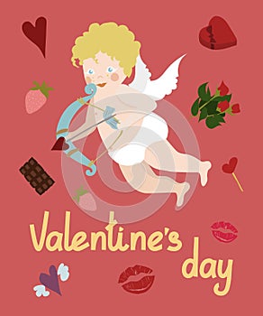 Cute cupid in pants with bow and arrow. Design for card or flyer for Saint Valentine`s Day. Lettering Valentine`s day.