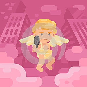 Cute cupid pointing a gun at you in a city street. Valentines Day background