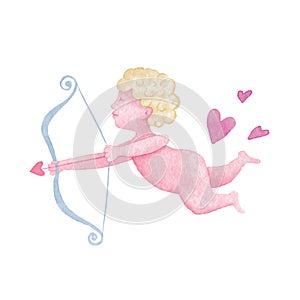 Cute Cupid silhouette with bow and arrow heart. Valentines Day design. Pink watercolor angel. Amur symbol of love for