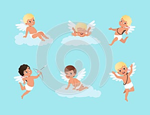 Cute Cupids, angels of love. Happy amur boys with wings shooting with bow and sitting on cloud vector illustration