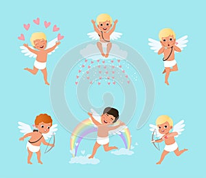 Cute Cupids, angels of love. Happy amur boys with wings vector illustration