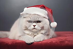 Cute and curious cat dons a Santa hat