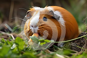 A cute and curious Guinea Pig nibbling on a carrot, showing off its cute and curious nature. Generative AI