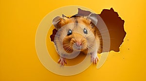Cute curious hamster peeking through a hole in a vibrant yellow background, perfect for pet lovers. Simple and joyful