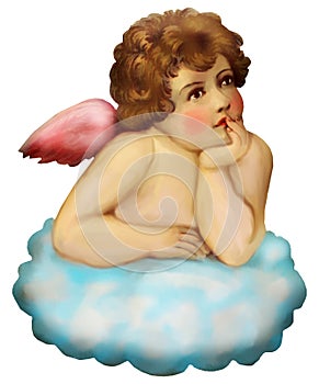 Cute curly angel in a blue cloud isolated on a white background