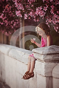 Cute curly blonde child girl in pink outfit sitting on the wall under blooming tree