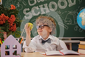 A cute curly-haired boy is sitting at a desk