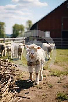 Cute curly haired sheep herd stands in large farm yard on sunny day livestock animals