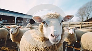 Cute curly haired sheep herd stands in large farm yard on sunny day livestock animals