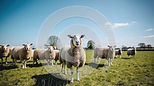 Cute curly haired sheep herd stands in large farm yard on sunny day livestock animals