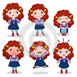 Cute curly red hair girl showing different emotions