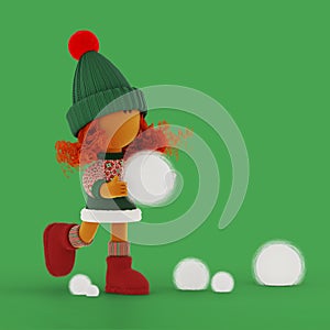 Cute curly red haired poppet girl playing snowballs on a green field