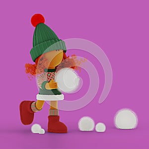 Cute curly red haired poppet girl playing snowballs on a lilac field