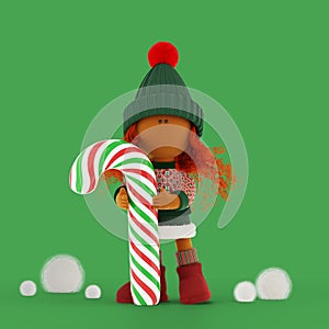Cute curly red-haired rag doll with a big Christmas red green white candy cane