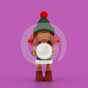 Cute curly red-haired rag doll girl carries a snowball. Violet background