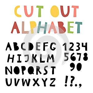Cute cut out alphabet with numbers and punctuation marks. Set of black vector letters