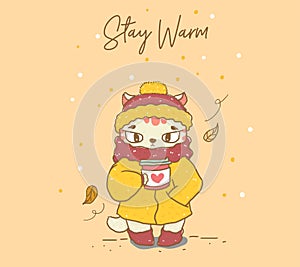 Cute cut in warm winter coat, scarf and beannie hat holding coffee take away flat vector, idea for greeting card, children stuff