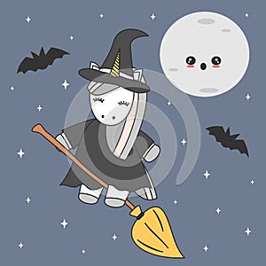 Cute cute cartoon unicorn witch flying on broom in a starry night halloween vector illustration