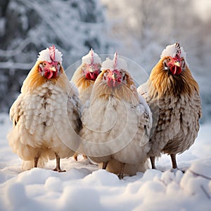 Cute cute chickens walk in the snow in winter