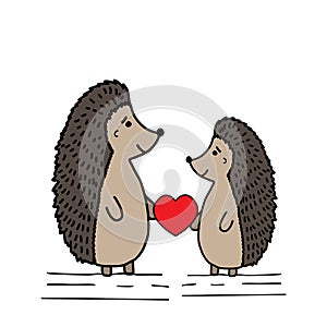 Cute cute hedgehogs with a heart in doodle style. Print for coloring, cards, t-shirt, cup, baby clothes and books. Logo