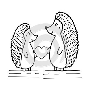 Cute cute hedgehogs with a heart in doodle style. Print for coloring, cards, t-shirt, cup, baby clothes and books. Logo symbol