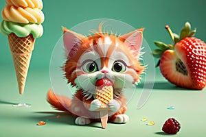 Cute cute kitten with cool tasty ice cream, isolated on light green background