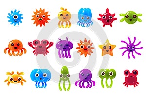 Cute cute seta creatures sett with different emotions, colorful glossy underwater animals characters with funny faces