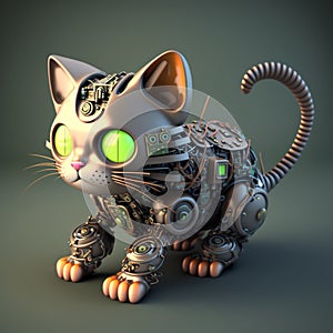 Cute cyber cat robot, metallic with green eyes on a gray background, 3D rendering. AI generated