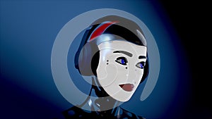 Cute cyber girl android artificial intelligence dj in headphones dancing on the catwalk in neon light