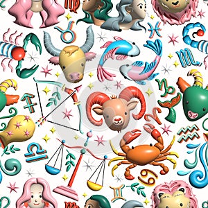 12 Cute 3D illustration Zodiac signs seamless pattern , Zodiac icons astrological pattern Horoscope symbols