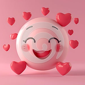 Cute 3D kawaii emoji with floating hearts and joyful expression