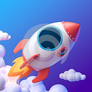 Cute 3D rocket soaring into the sky with clouds