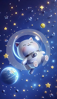 A cute 3D sticker of a cat astronaut floating, Ai generated image