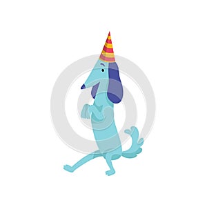 Cute dachshund dog in party hat, funny cartoon animal character at birthday party vector Illustration