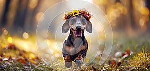 A cute dachshund dog running on the grassy sunny road in a forest in the afternoon sunset. A flower halo in the dog\'s head.