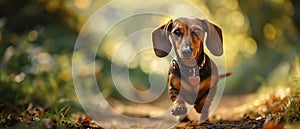 A cute dachshund dog running on a path in the shadow of the green forest. The dog has a heart-shaped pendant around its neck.